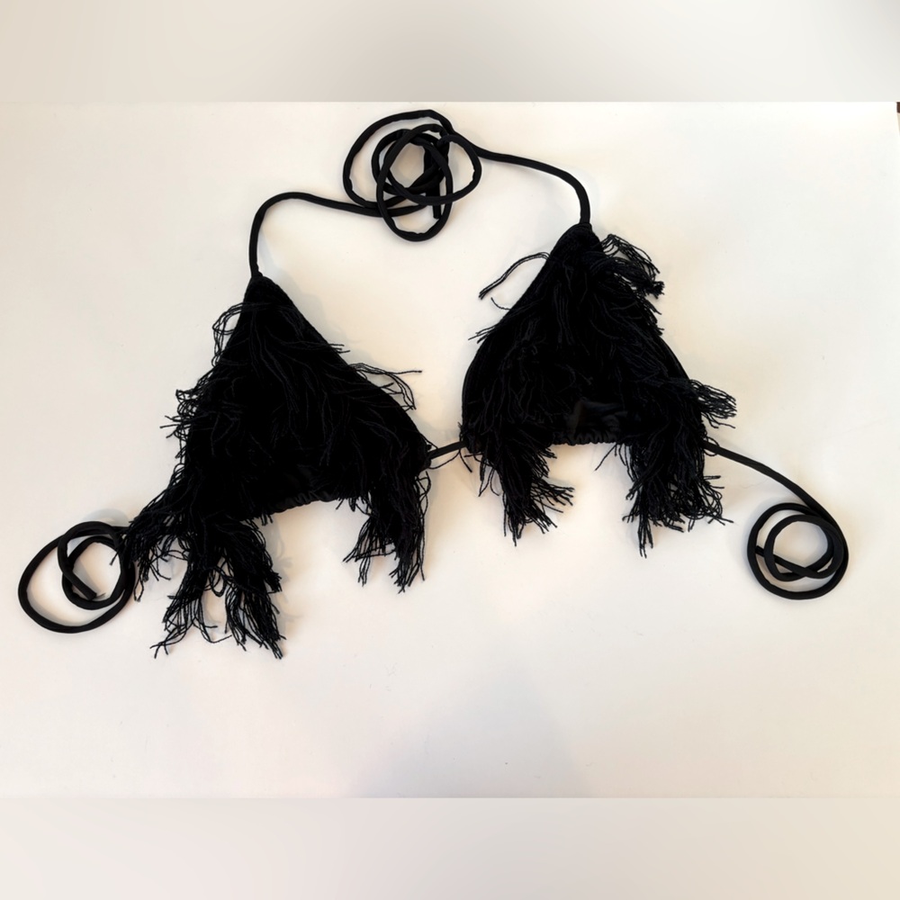 FINAL! NWOT! SHAGGY BLACK RAVE FESTIVAL HALTER BIKINI SLIDER TOP